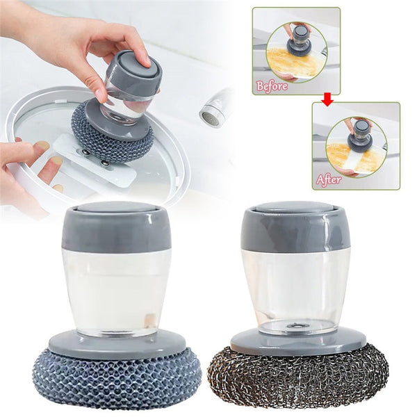 Kitchen Soap Dispensing Palm Brush – Push-Type Dish Scrubber with Built-In Detergent Dispenser